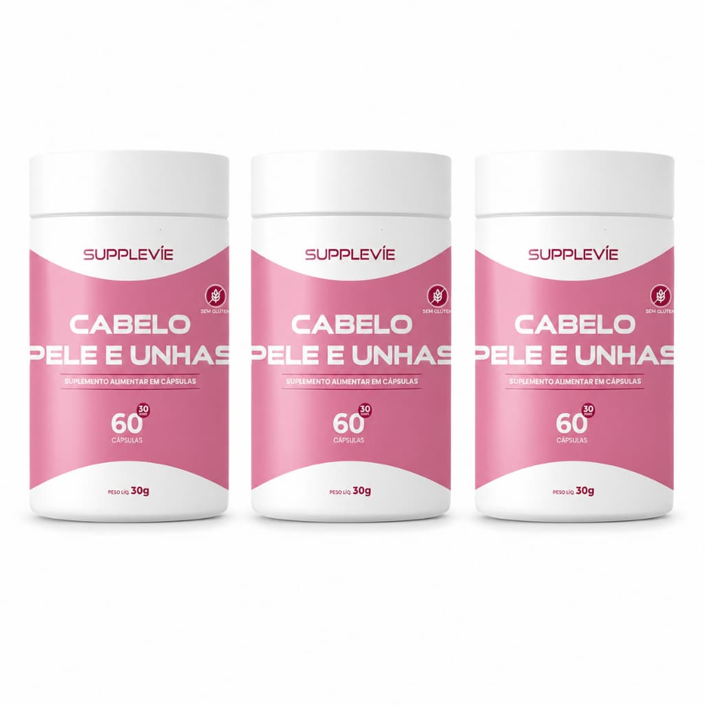 Kit 3 Potes Vitamina para Cabelo Pele e Unhas Suplemento com Biotina Complexo B Vitamina C Cálcio Supplevie 180 Cápsulas