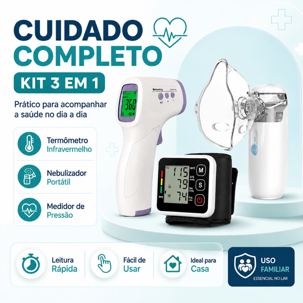 Kit Nebulizador Portátil USB + Aparelho de Pressão com Voz + Termômetro Digital USB Recarregável Promoção