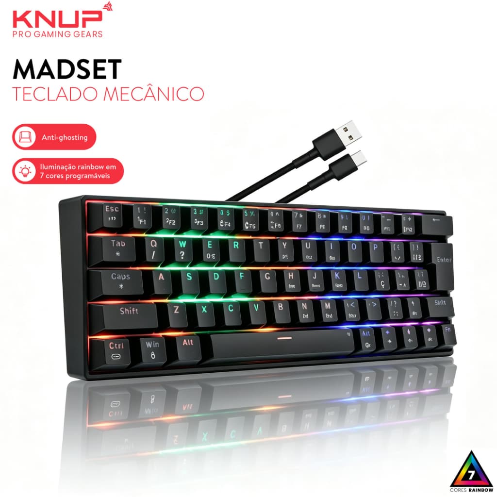 Teclado Mecânico Gamer Compacto 60% 63 Teclas Switch Blue Rainbow RGB Anti-Ghosting USB