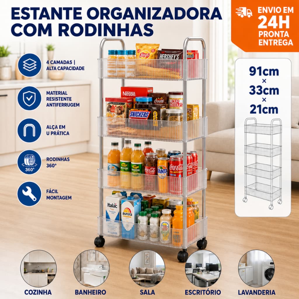 Carrinho Organizador 4 Camadas Transparente com Rodízios 360°, Multiuso para Cozinha, Banheiro e Escritório