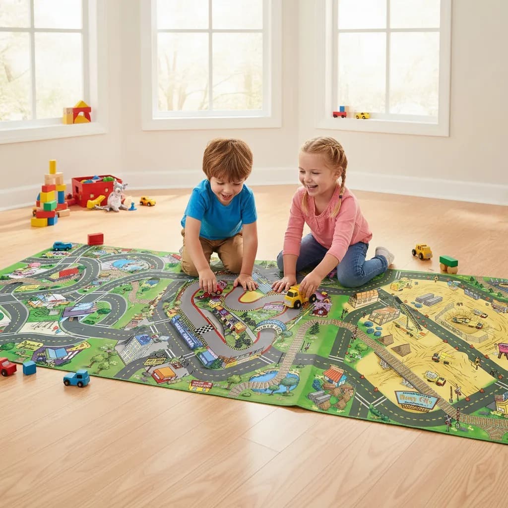 Tapete de Corrida Infantil 200x100cm Criança Grande Pista de Carrinho Carros Cidade