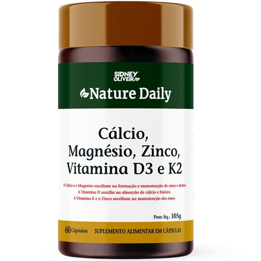 Cálcio + Magnésio + Zinco + Vitamina D3 + Vitamina K2 Nature Daily 60 Cápsulas Sidney Oliveira