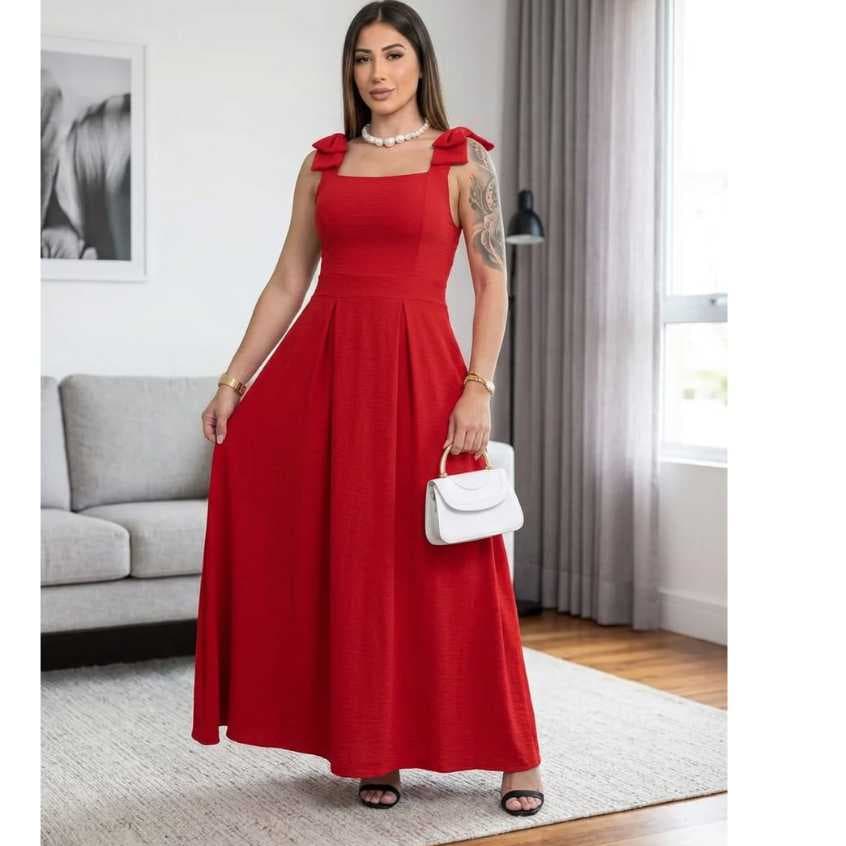 VESTIDO LONGO E TEM BOJO LAÇO NO OMBRO E ELASTEX NAS COSTAS TECIDO DUNA MODA FEMININA