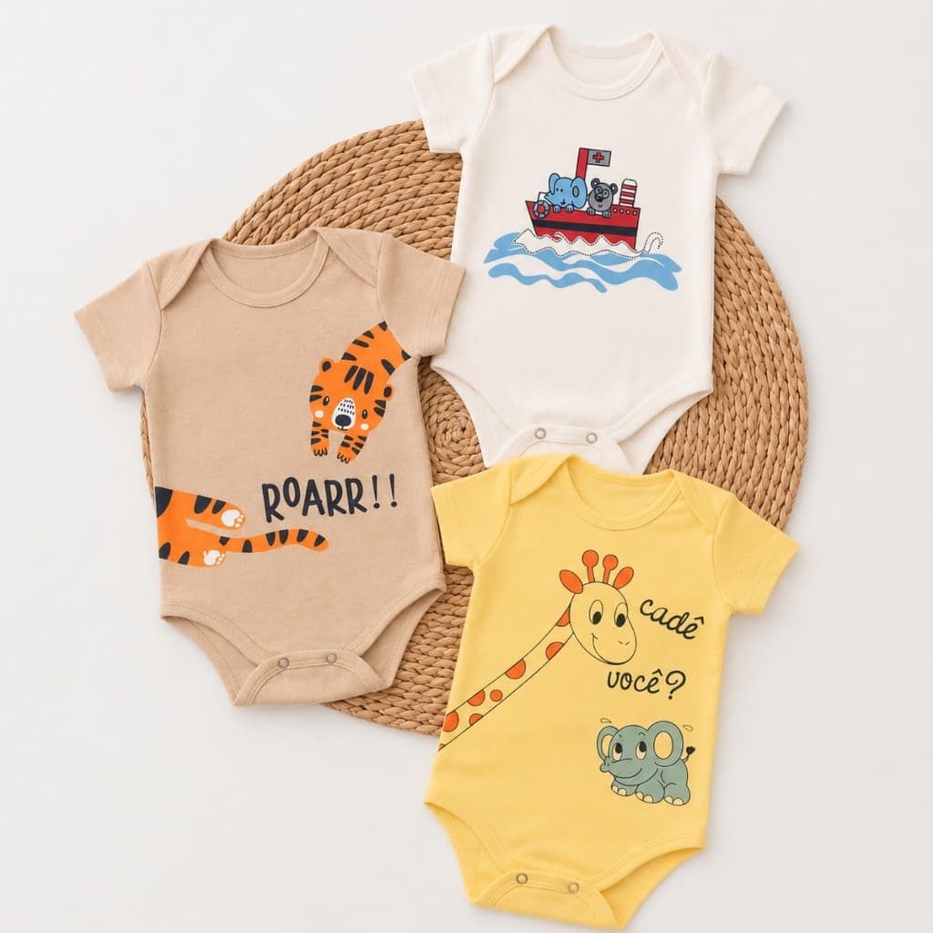 Kit 3 Body Bebê Menino Manga Curta Algodão Estampado Confortável Enxoval Maternidade