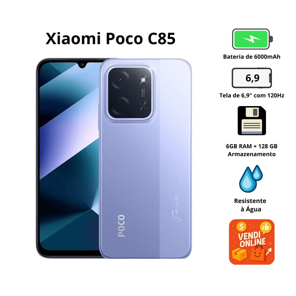 Smartphone Xiaomi POCO C85 - NFC Tela 6.9" 120Hz Câmera 50MP Bateria 6000mAh
