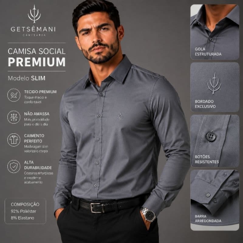 Camisa Social Masculino Premium Cinza Chumbo Manga Longa Corte Slim Basica e Cor Lisa