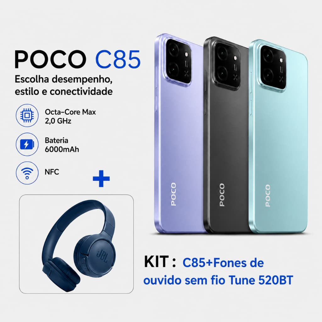 Kit Combo: Xiaomi POCO C85 4G Smartphone + Tune 520BT (Global Version) | Android 15, 6.9" 120Hz, 6000mAh Fast Charge Pro