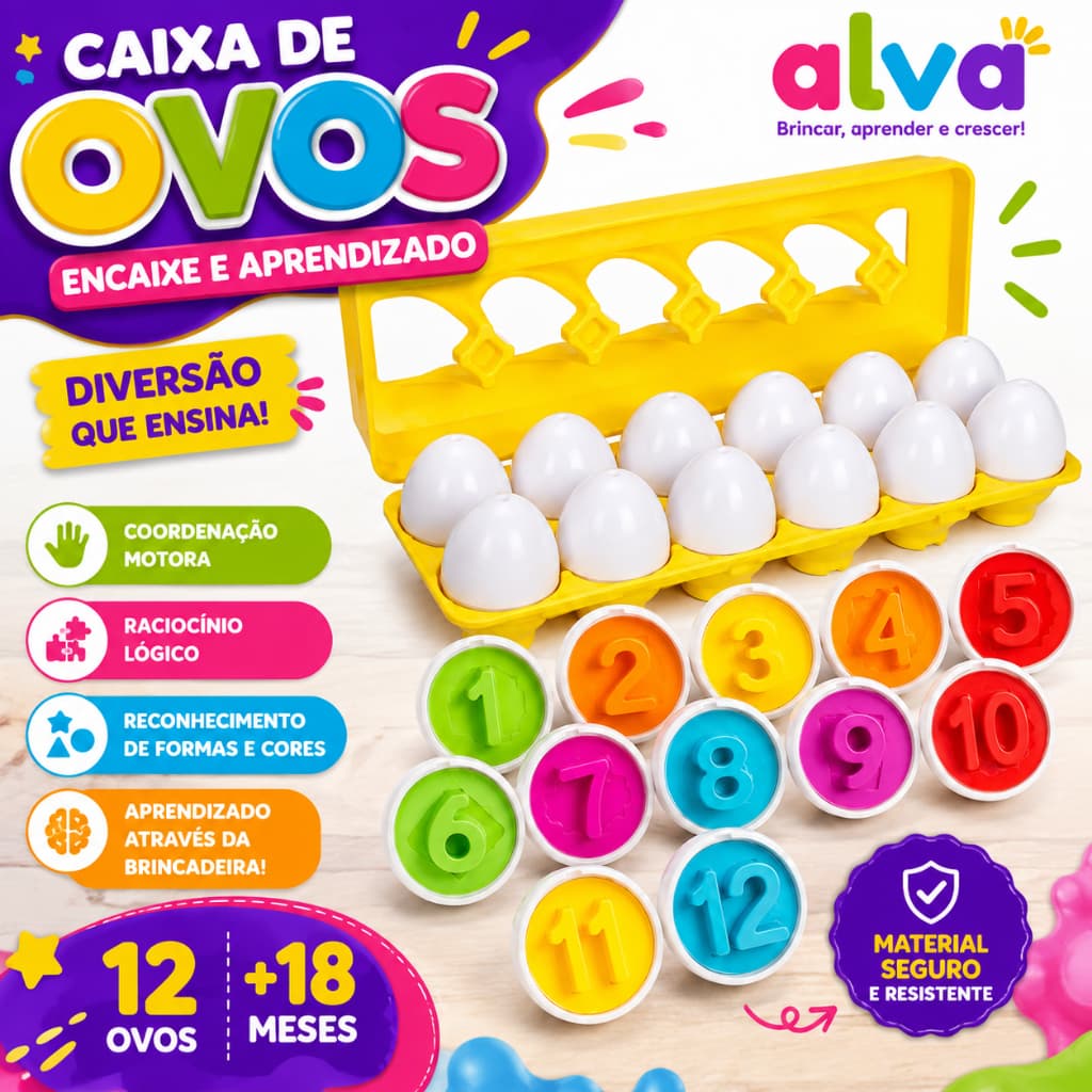 Caixa de Ovos Educativa Encaixe Montessori 12 Ovos Brinquedo Educativo Infantil Coordenação Motora
