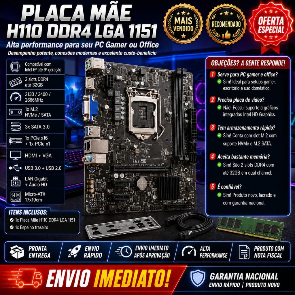 Placa Mãe H110 DDR4 LGA 1151 HDMI VGA USB 3.0 Alta Performance Gamer para Intel 6ª a 9ª Geração