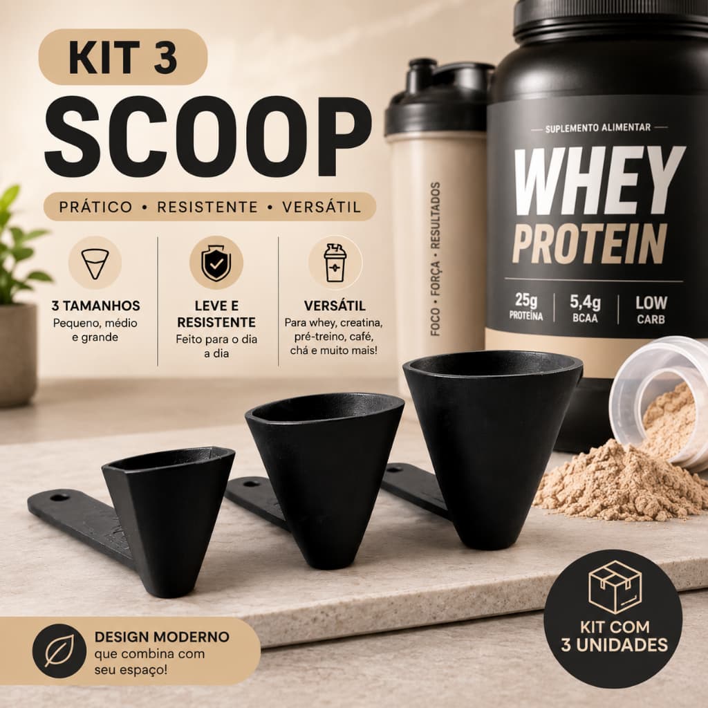 Kit 3 Scoop Dosador  de Precisão para Whey, Creatina e Pré-Treino/ Medidor Fitness -Academia Colher Medidor 5g, 14g, 28g