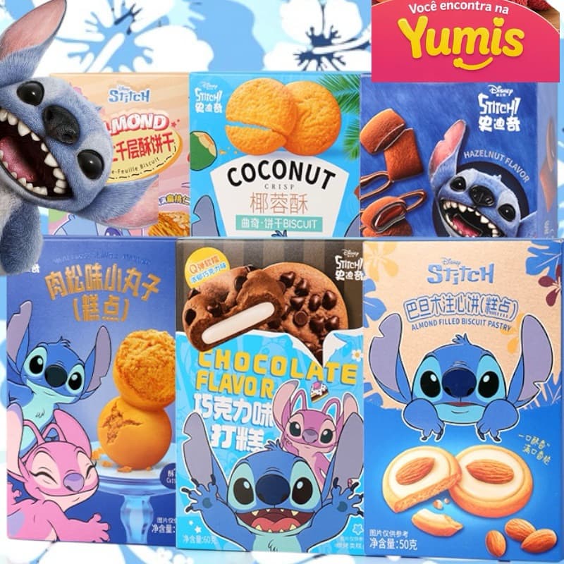 Biscoito Importado Stitch e Lotso Recheado Sabor Morango ou Chocolate do Stitch Disney 50g