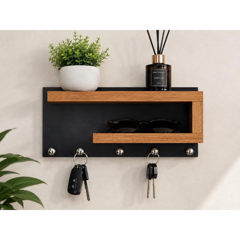 Porta Chaves Parede Prateleira Suporte Organizador Decorativo Mdf Preto Freijo 5 ganchos Pratico Estiloso