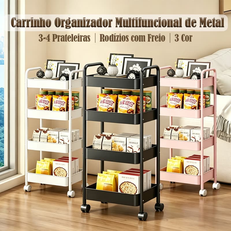Carrinho Organizador De Aço Multiuso 3/4 Prateleiras Premium Rodízio 360º Cozinha Sala Banheiro Livros Decoração Moderna