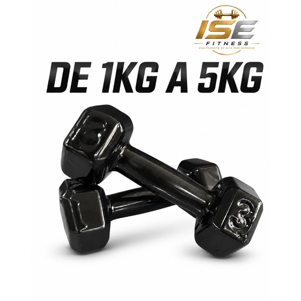 Peso Academia 1kg a 5kg Preto Emborrachado Halter Sextavado Academia Calistenia Fisioterapia Pilates Musculação Casa