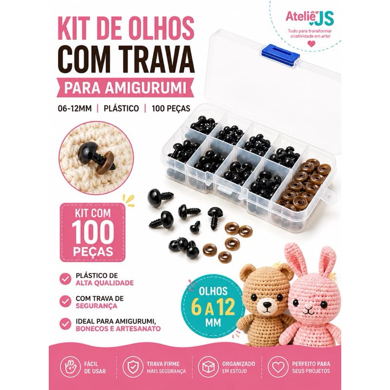 ⭐Kit Olhos com Trava para Amigurumi 100 Peças 6 a 12 mm Plástico para Crochê e Artesanato⭐