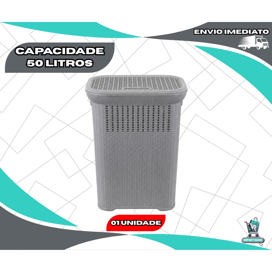 Cesto Organizador Roupa Suja Cinza Telado Rattan 50 Litros Banheiro Lavanderia Reforçado Resistente