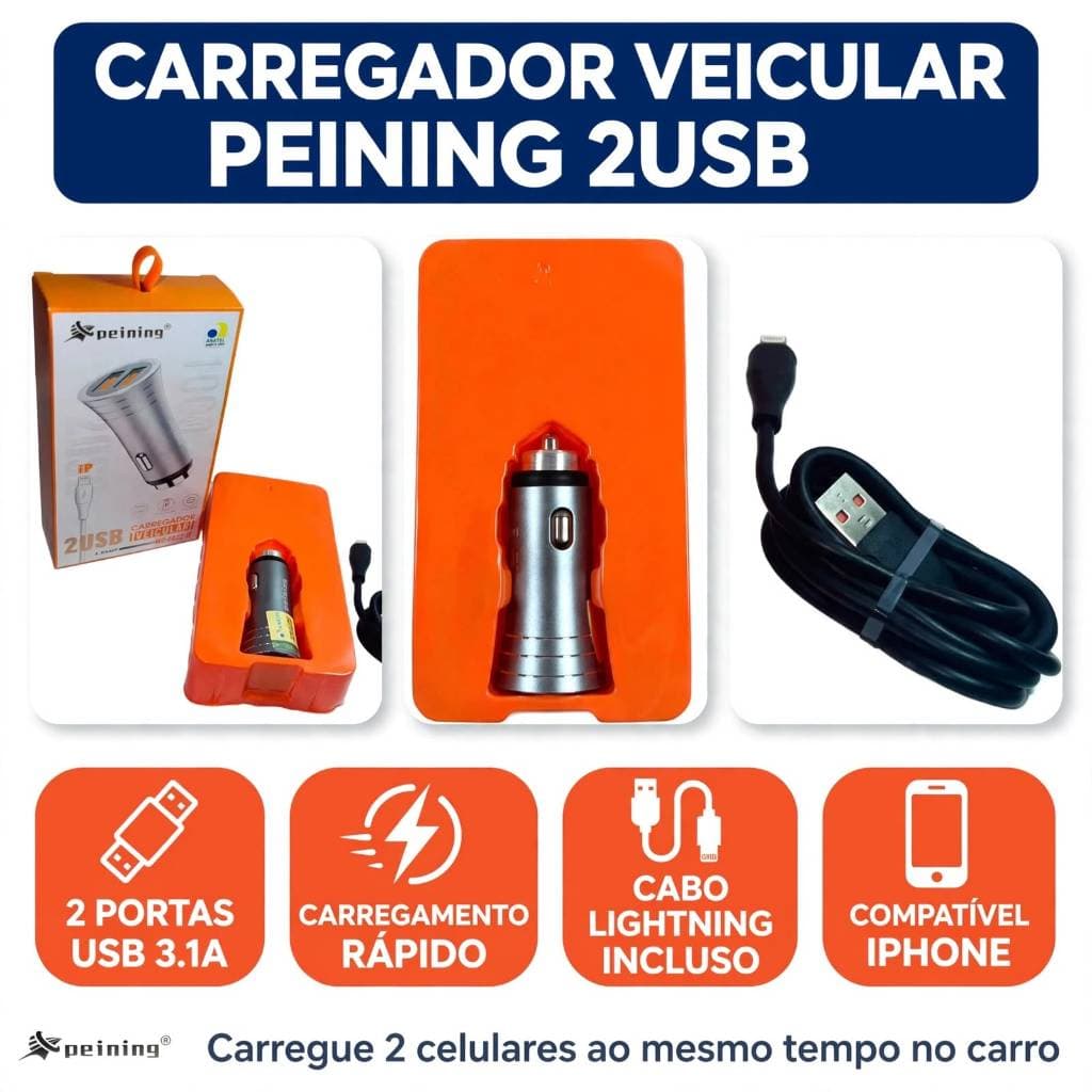 CARREGADOR VEICULAR PEINING 2 USB 3.6A CABO IPHONE