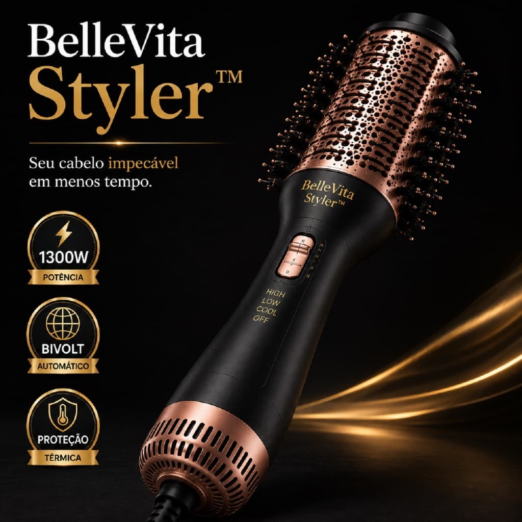 Escova Secadora Modeladora Profissional 1300W Bivolt Seca Alisa Modela Cabelo Proteção Térmica BelleVita Styler