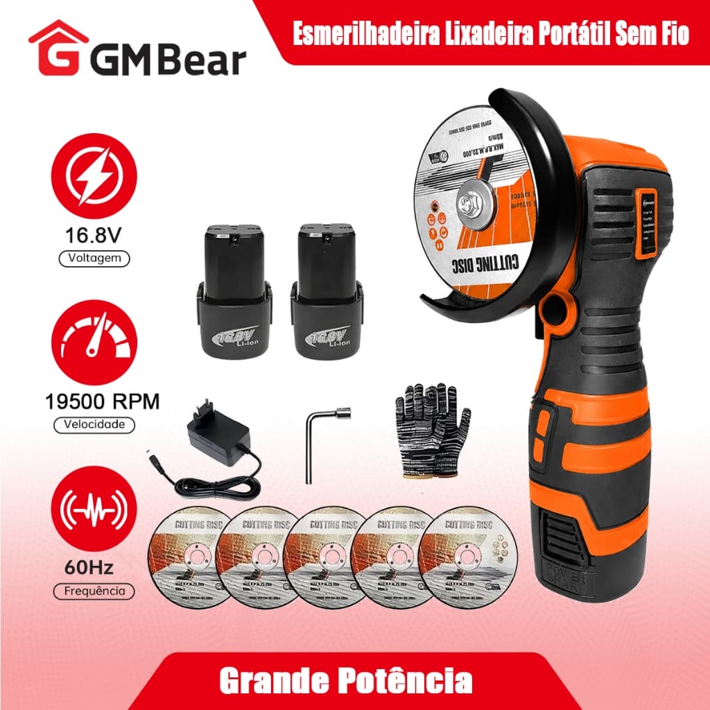GM Bear Profissional Esmerilhadeira Lixadeira Portátil Sem Fio - Mini 75mm, 19500 RPM, Compacta e Versátil para