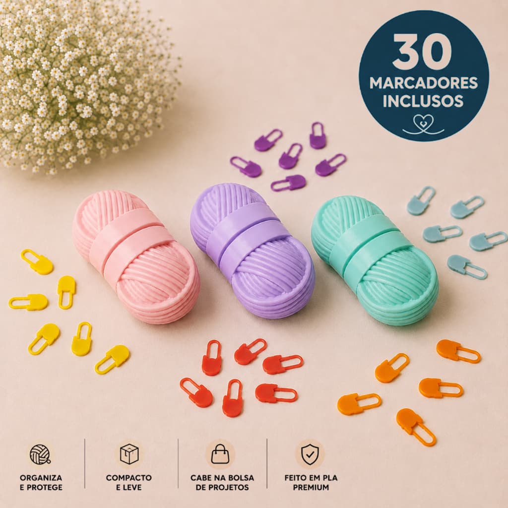 Kit Porta Marcadores de Ponto Crochê Novelo + 30 Marcadores Pequenos | Organizador para Crochê, Amigurumi, Tricô
