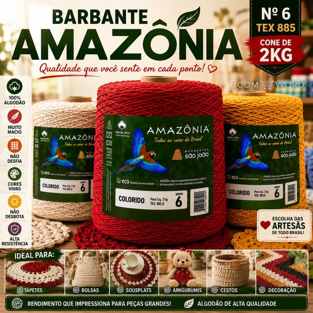 Barbante Amazônia 2kg Fio Nº6 100% Algodão TEX 885 Para Crochê Tapete Bolsa Amigurumi São João Premium Para Artesanato.