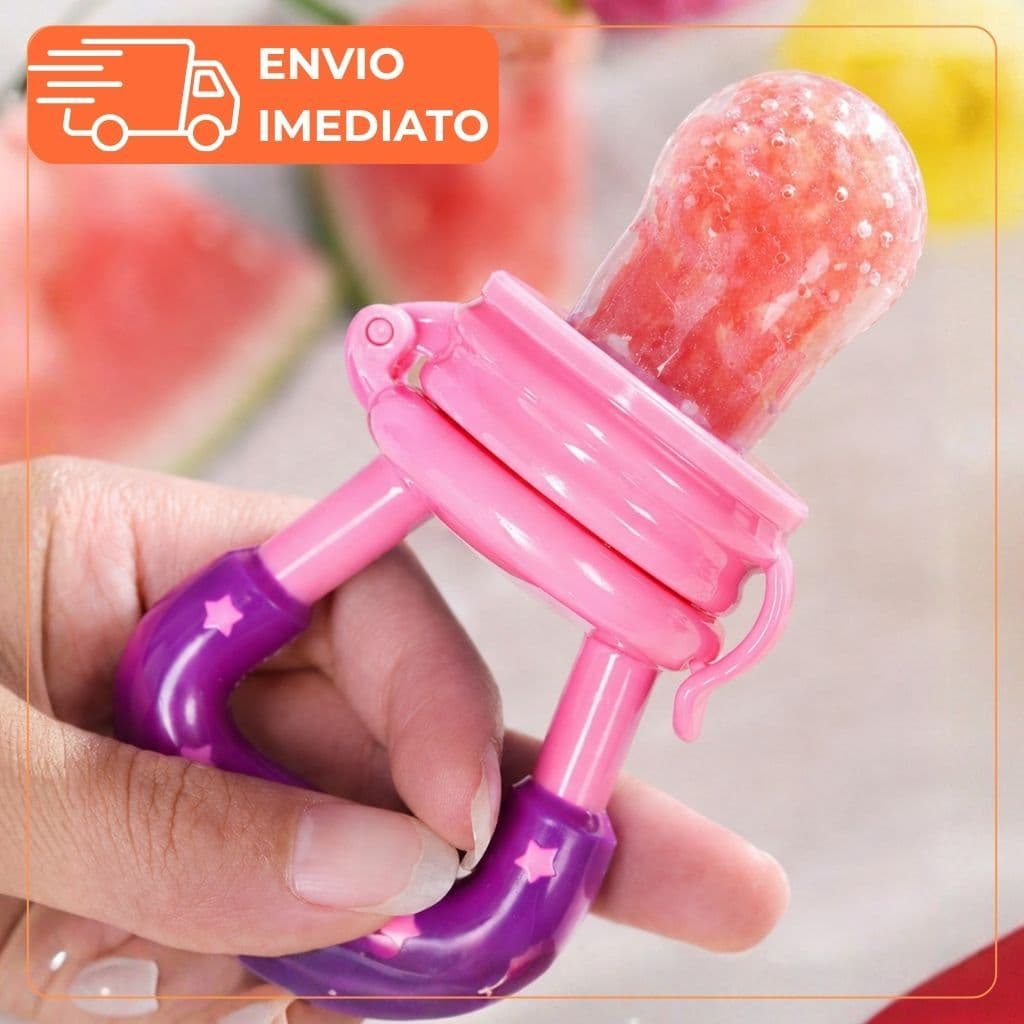 Chupeta Mordedor Rosa Alimentadora Bebê de Silicone Porta Fruta Legume Iogurte Higiênica
