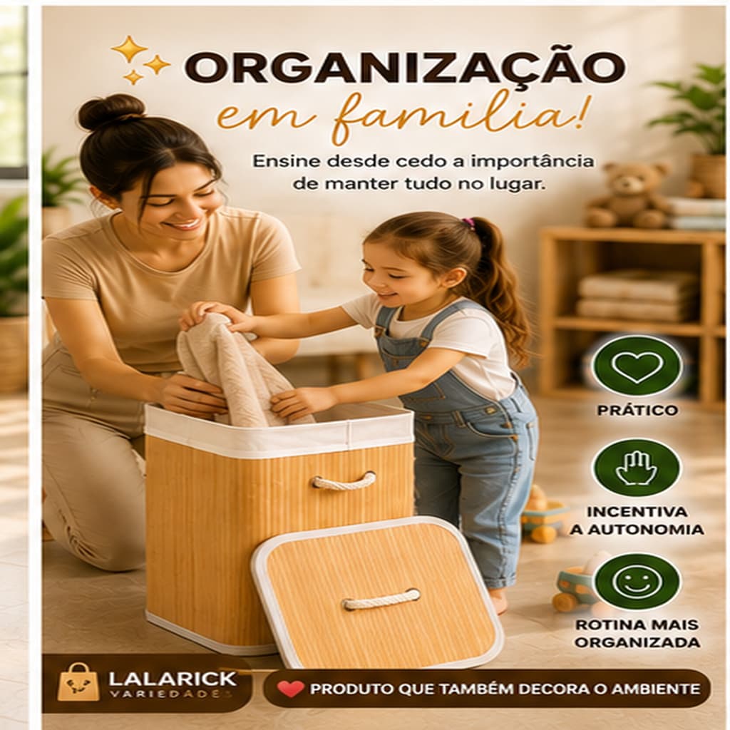 Cesto Organizador de Bambu 70L com Tampa e Alças para Roupas Lavanderia Banheiro Closet Organizador Decorativo