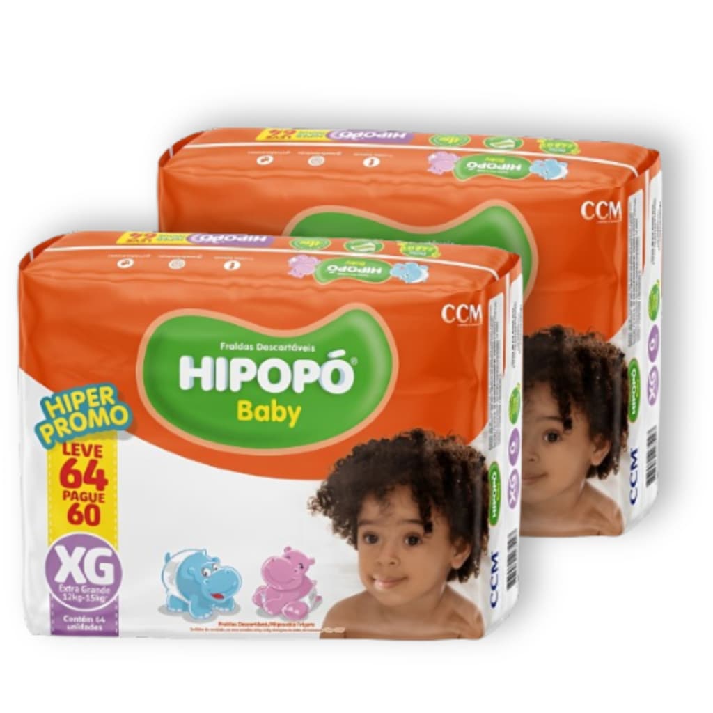 Kit 2 Fralda Descartável Hipopó Baby XG Pacotão Hiper Total 128 Unid Econômico