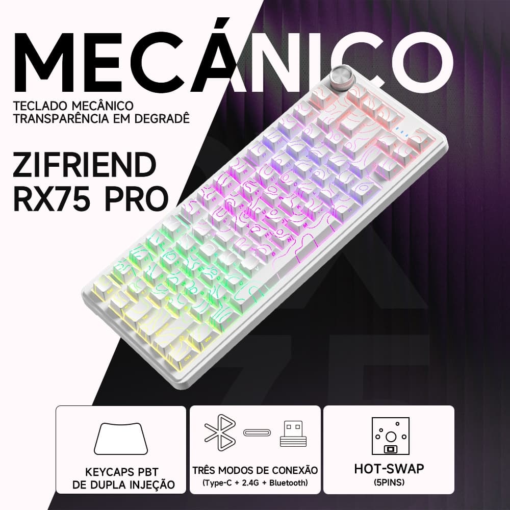 RX75PRO Teclado Mecânico Gamer Sem Fio HIFI sound BT 2.4g USB Pbt RGB 4000mAh software NKRO Pc Lapto