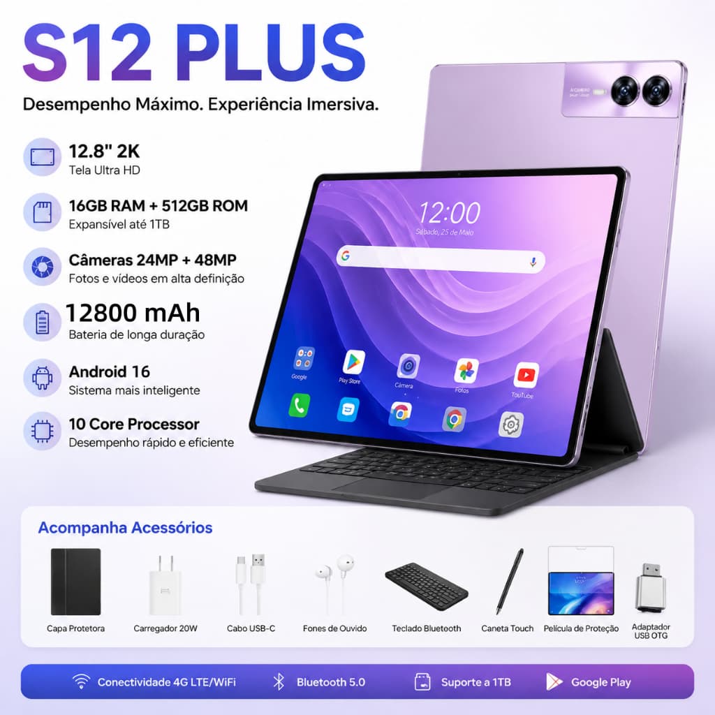 【Teclado e mouse grátis】Galaxy Tablet PC S12 Plus 12.8" 2K 16GB RAM+ 512GB ROM  12800mAh Android 16  10 Núcleos WIFI 6