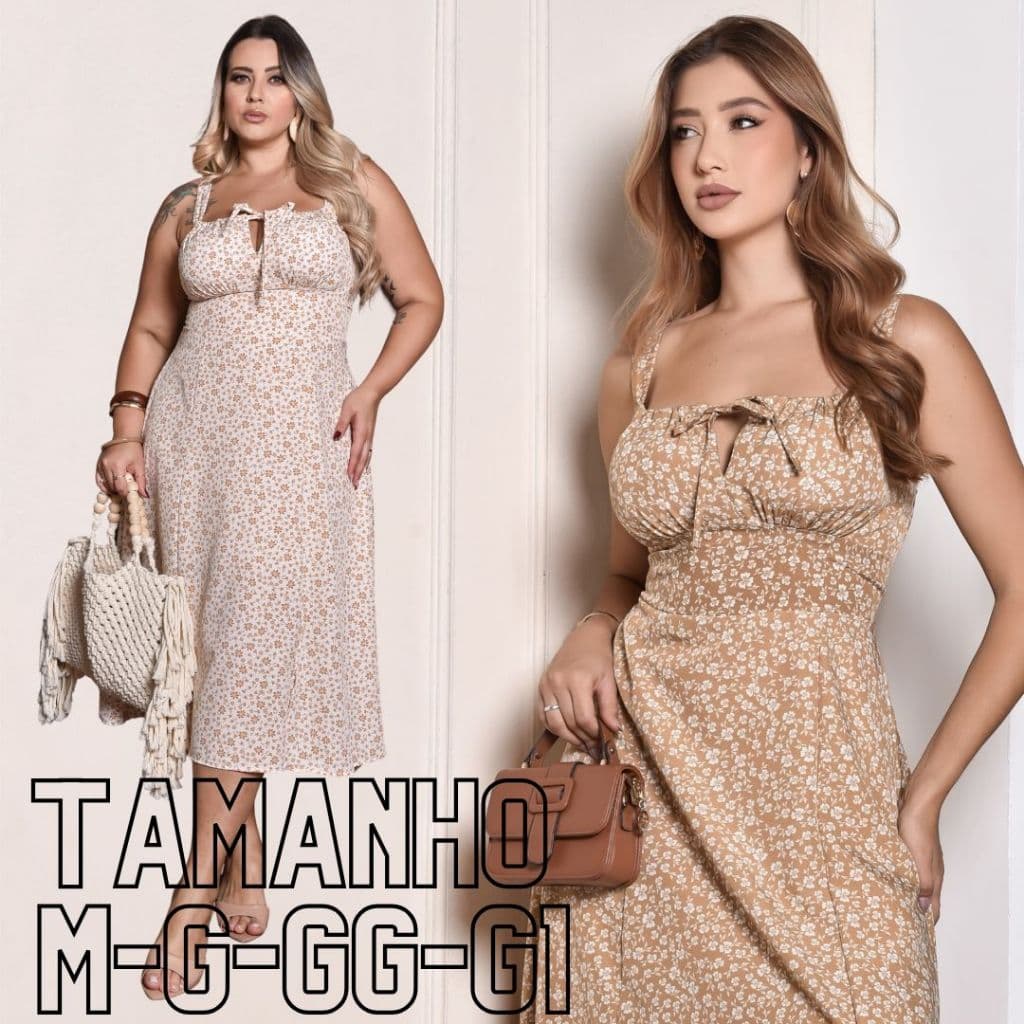 Vestido Feminino Mídi Romântico Casual Estampa Floral Plus Size Fenda lateral Elastex Costa Laço no Busto Tendencia 2026
