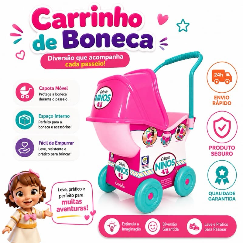 Carrinho de Boneca Rosa Passeio Infantil Leve e Resistente Menina