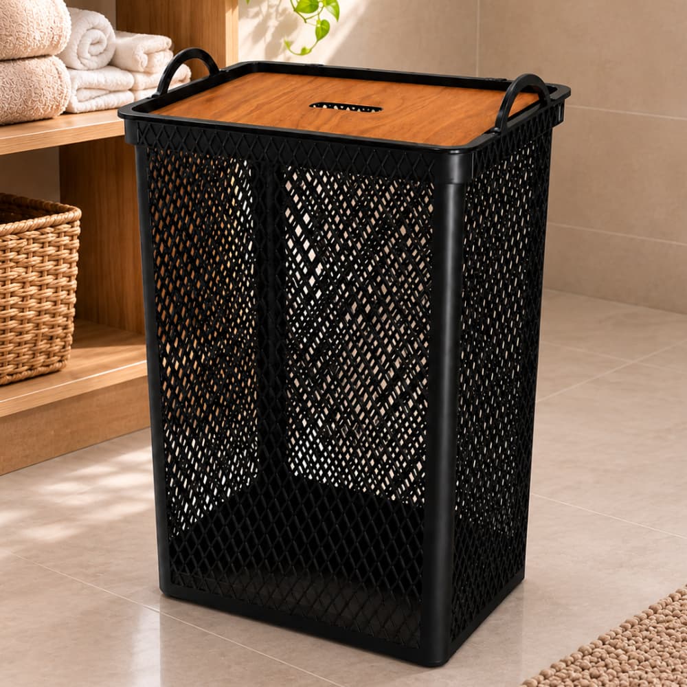 Cesto Multiuso 49L com Tampa Preto Grande – Organizador para Roupas Lavanderia Banheiro