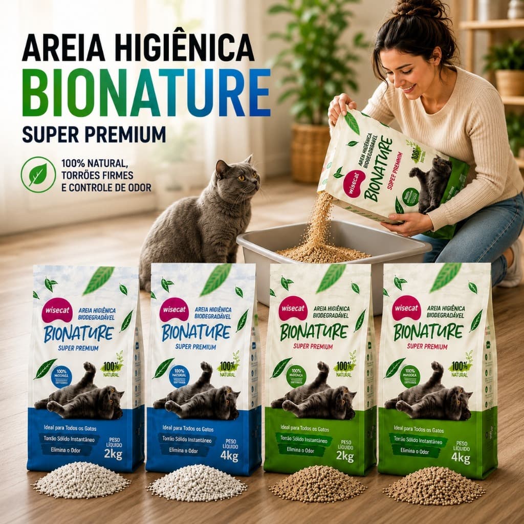 Areia Sanítaria Higiênica De Gatos Biodegradável Wisecat Areia De Mandioca Bionature Performace 2kg E 4kg