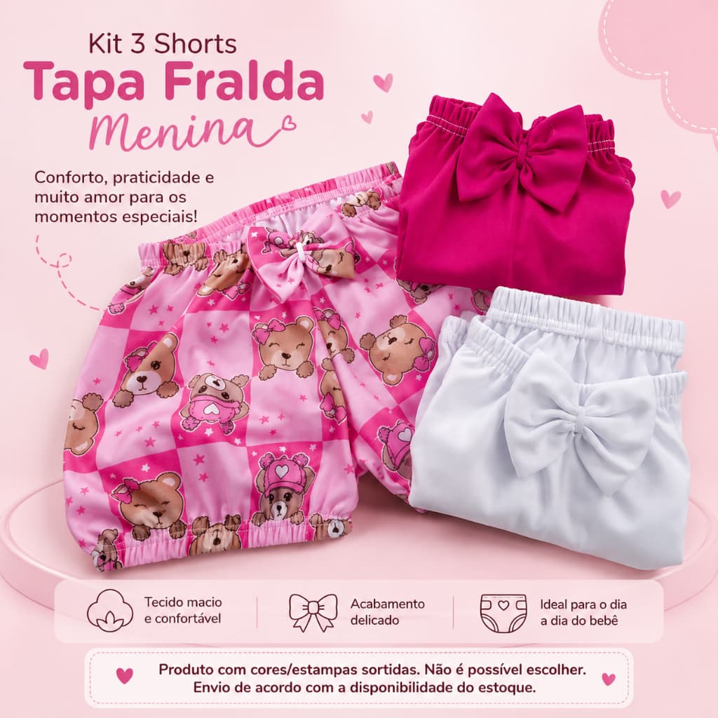 KIT 3 SHORTS TAPA FRALDA MENINA CALCINHA BUNDA RICA ALGODÃO DESFRALDE CRECHE BERMUDINHAS