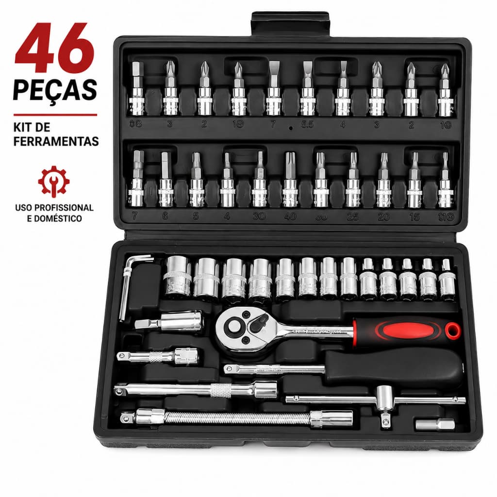 Kit 46 Peças de Ferramentas Completo com Chave Catraca, Soquetes, Chaves Allen e Torx com Maleta