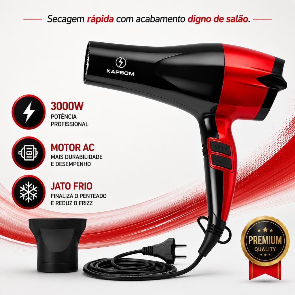Secador de Cabelo Profissional 3000W Kapbom KA-0922 Motor AC Jato Frio 110V