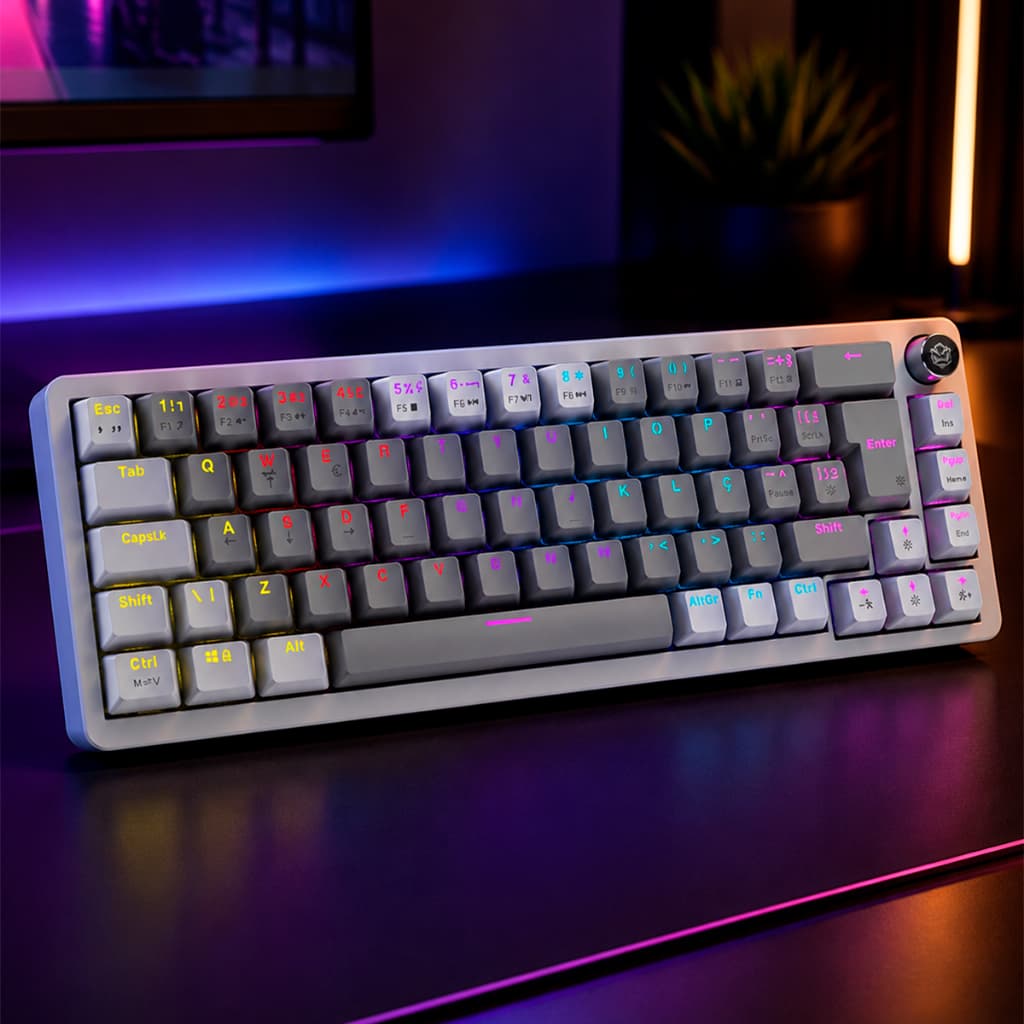 TECLADO MECÂNICO 65% SWITCH RED MECKA PCYES WHITE GHOST LED RAIMBOW