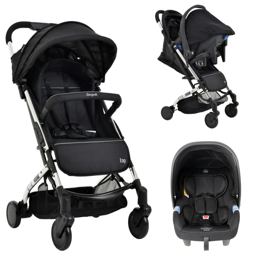 Carrinho de Bebe Zap Compacto Preto Prata + Bebe Conforto Preto Burigotto