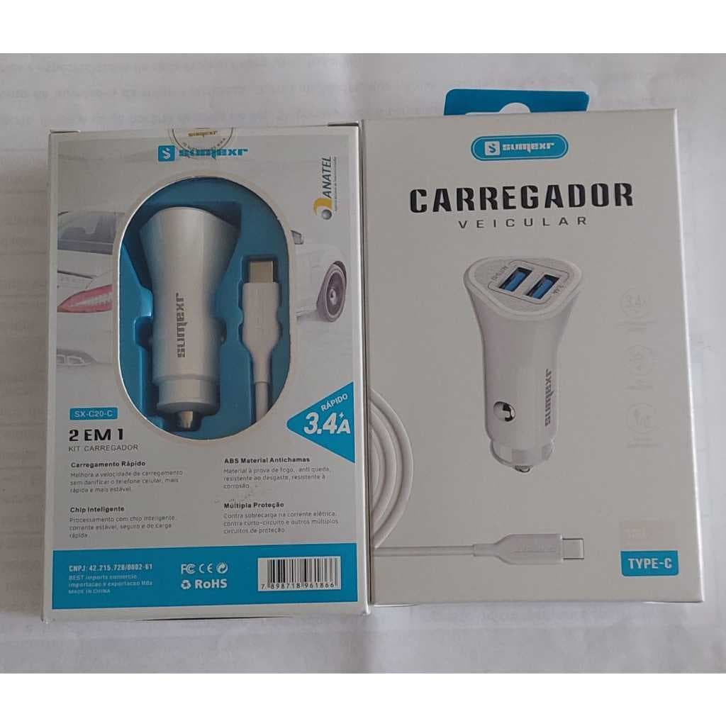 Kit Carregador Veicular 2 em 1 da Sumexr (Modelo SX-C20-C) tipo C  - 3.4A 2 Portas USB