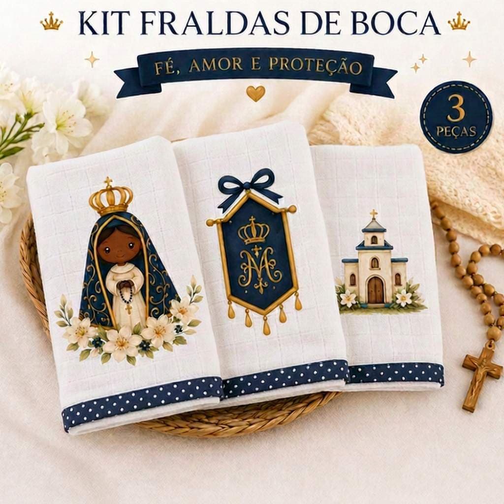 Fralda de boca bebê kit 3 unidades Nossa Senhora, 30 x30cm 100% algodão presente recem nascido
