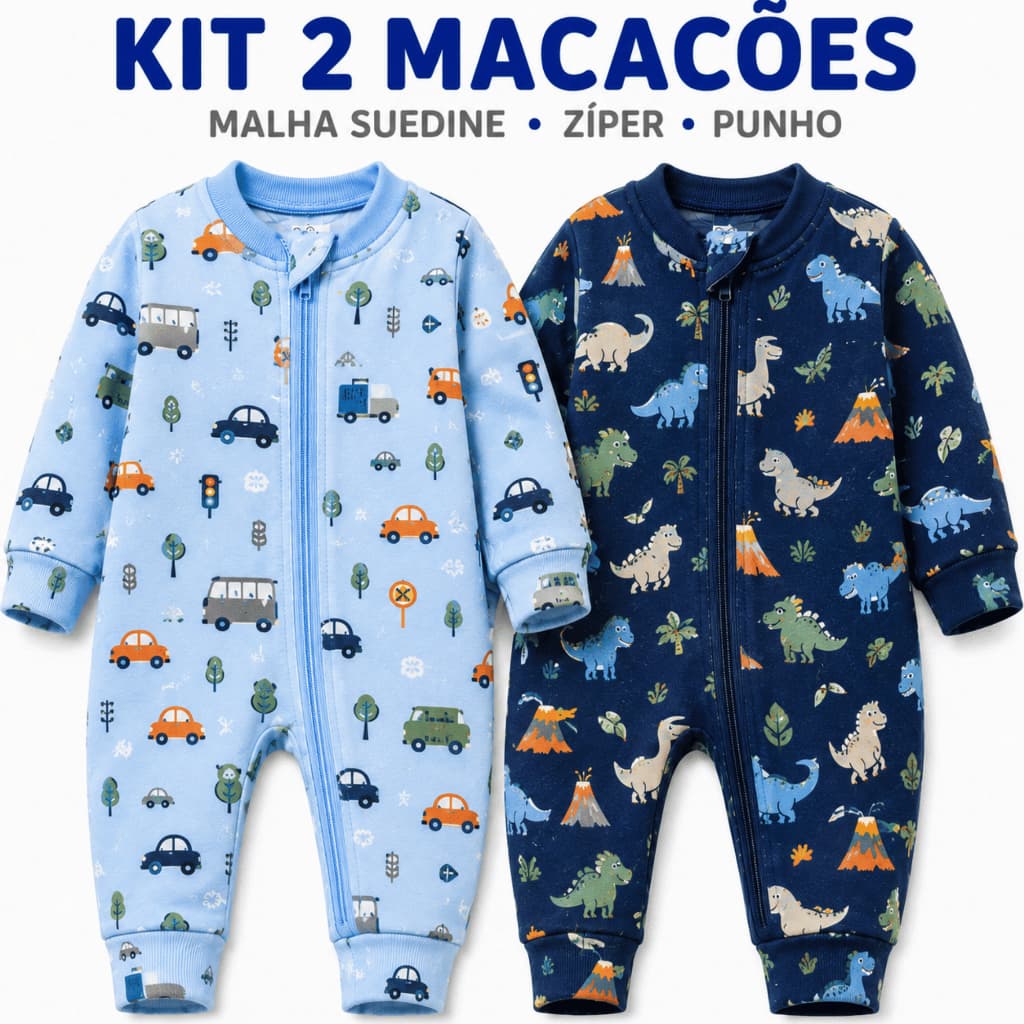 Kit 2 Macacão Bebê Menino Zíper Suedine Algodão Manga Longa Roupa Bebê Enxoval Recém Nascido P M G