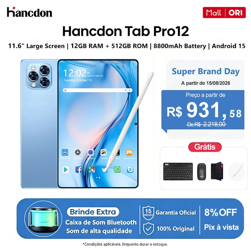 Pad Pro12 Max Hancdon 12GB RAM 512GB | Android 15 | Tela 11.6" FHD | Bateria 8000mAh MTK6799