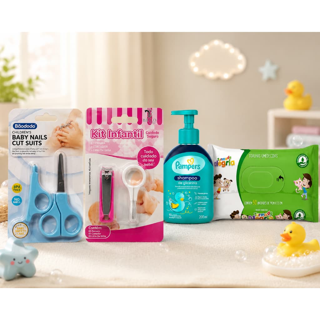 Shampoo Pampers 200ml Brinde Lenço Umedecido Cortador ou Tesoura Turma da Alegria  Kit Cuidados Bebê