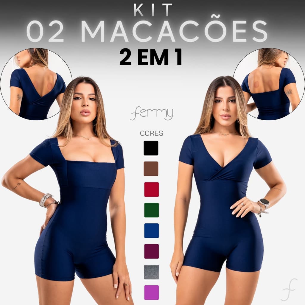 Kit 2 Macaquinhos Roupa de Academia Feminina Fitness 2 em 1 Decote V ou U Treino Suplex Zero Transparência