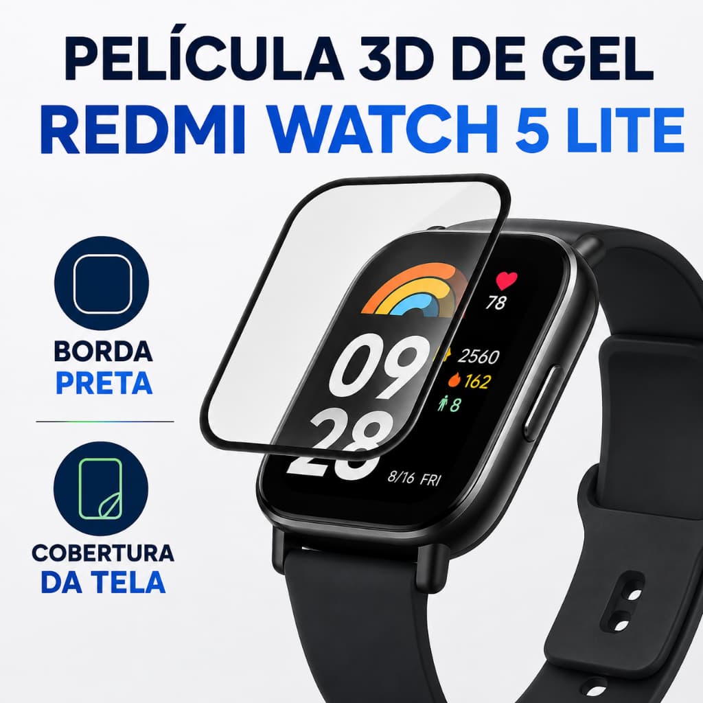 Película Gel 3D com Borda Preta para Xiaomi Redmi Watch 5 Lite Protetor de Tela Flexível