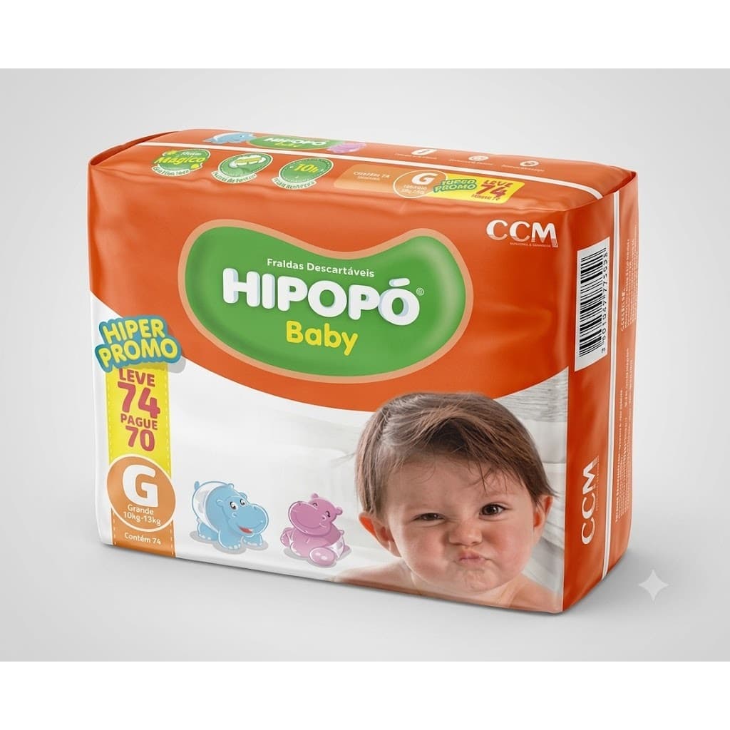 Fralda Descartável Hipopó Baby G Pacotão Hiper 74 Unid. Econômica