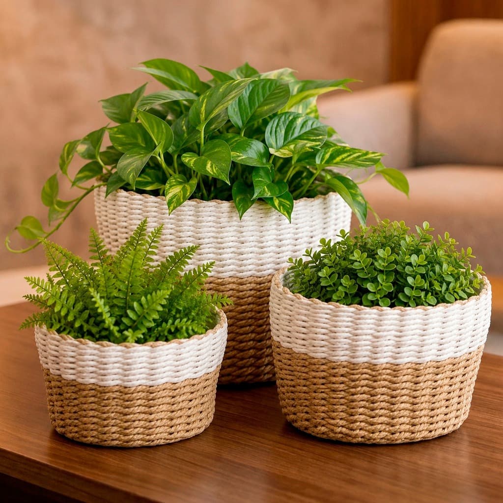 3 Cestos Vaso Cachepo De Fibra Natural Para Plantas Organizadores Multiuso Decorativos Sala Escritório Banheiro