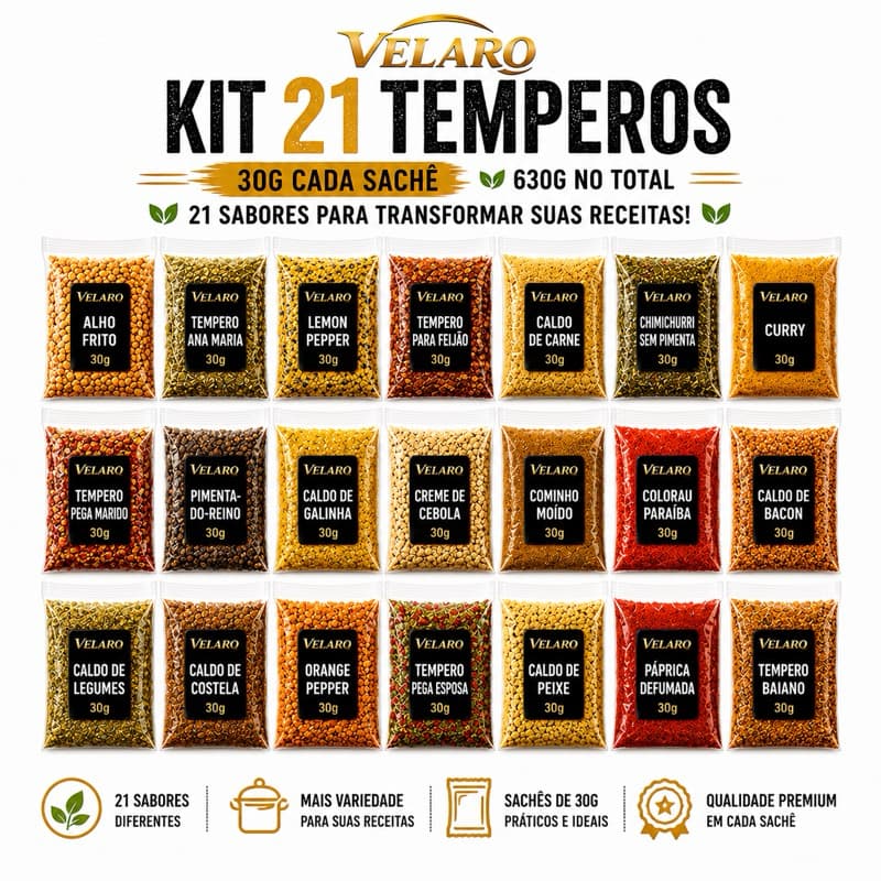 Temperos Velaro 630g | 21 Sabores 30g Cada | Condimentos para Carnes, Frango, Peixe, Churrasco, Arroz, Feijão e Cozinha
