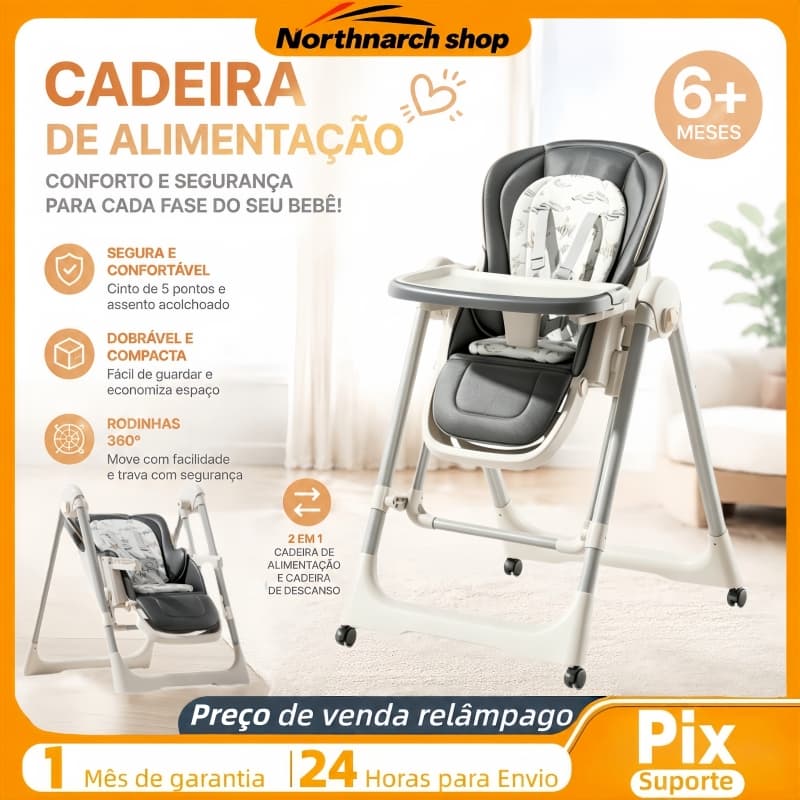 Cadeira de alimentação portátil 2 em 1 com rodas, reclinável, versátil – também serve como balanço para bebê